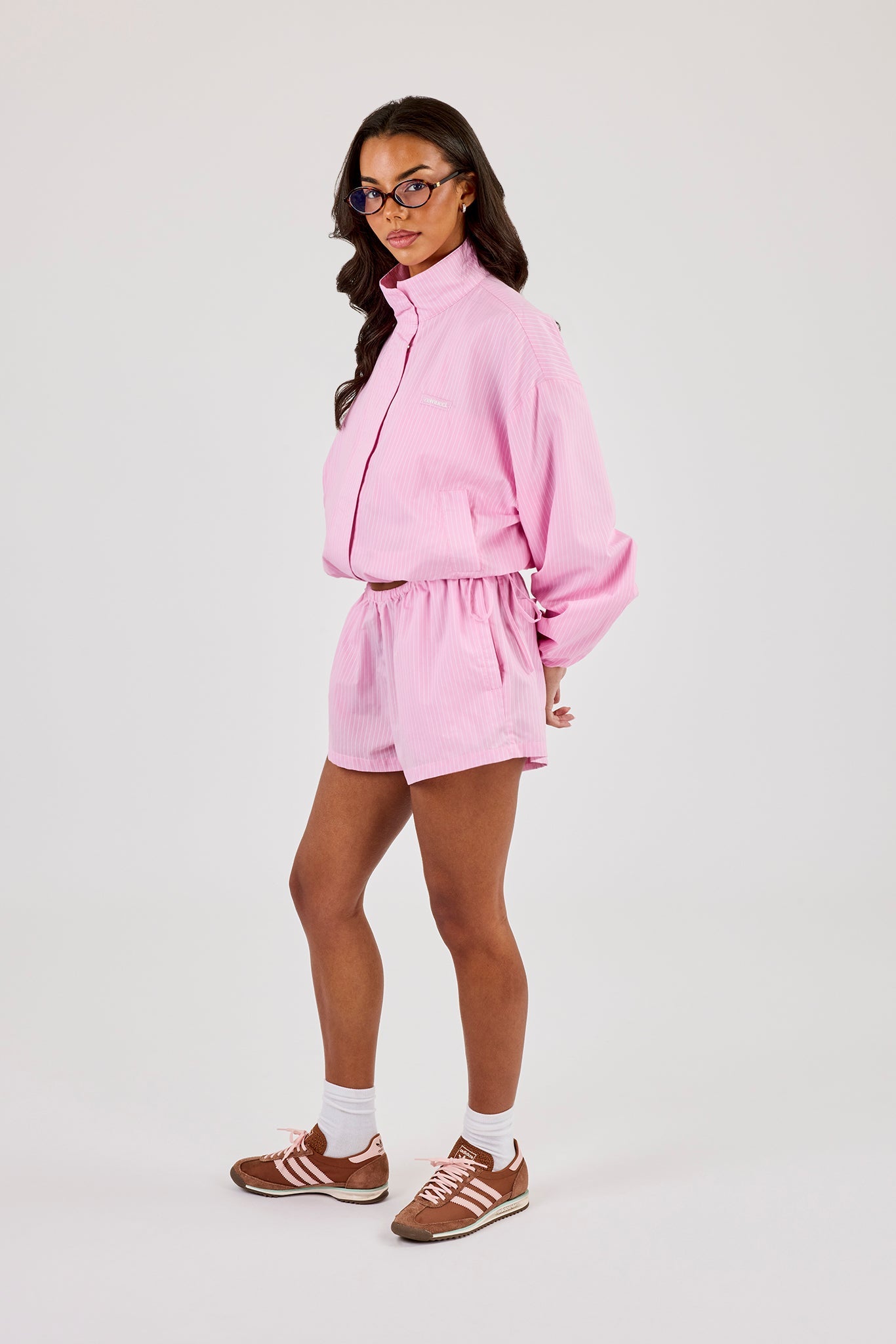 Stripe Nylon Funnel Neck Jacket & Short & Pink